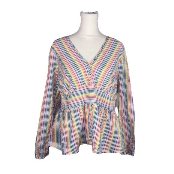 J Crew Womens V Neck Peplum Shirt In Rainbow Seersucker Size 14 - Picture 1 of 14